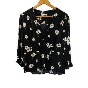 ELODIE & White Floral Print Button Up Loose Fit Long Sleeve Top L